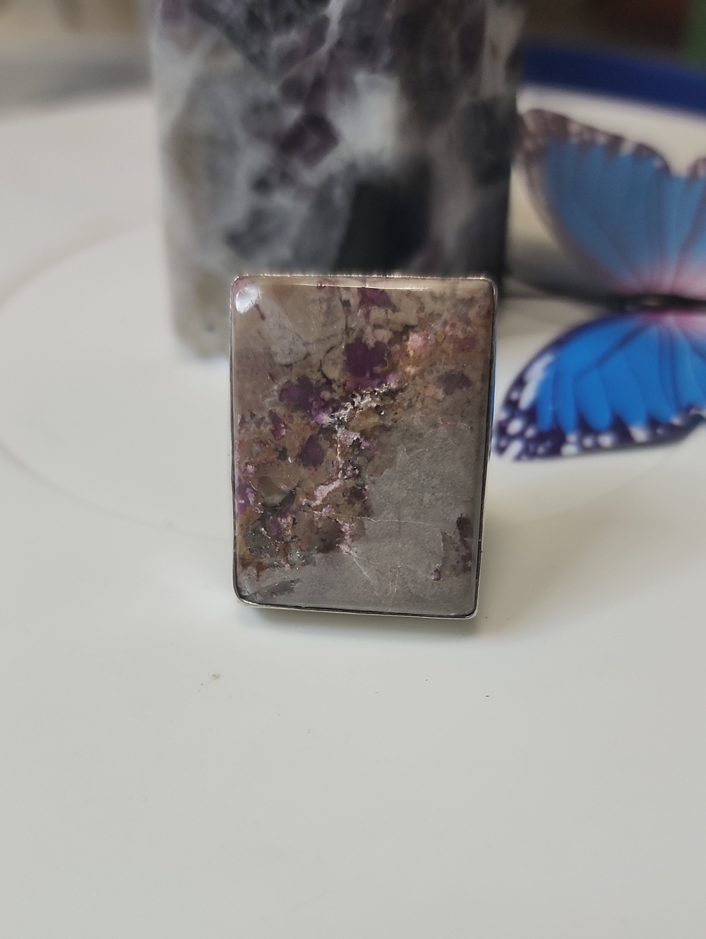 Rectangular Purple and Gray Stone Ring